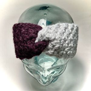 Wool small women headband Ear Warmer handmade crocheted maroon gray twist turban
